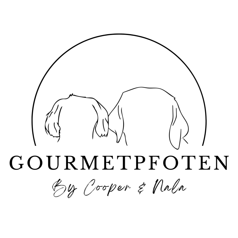 Logo von Gourmetpfoten, schriftzug uns 2 Hundeohrenzeichnungen